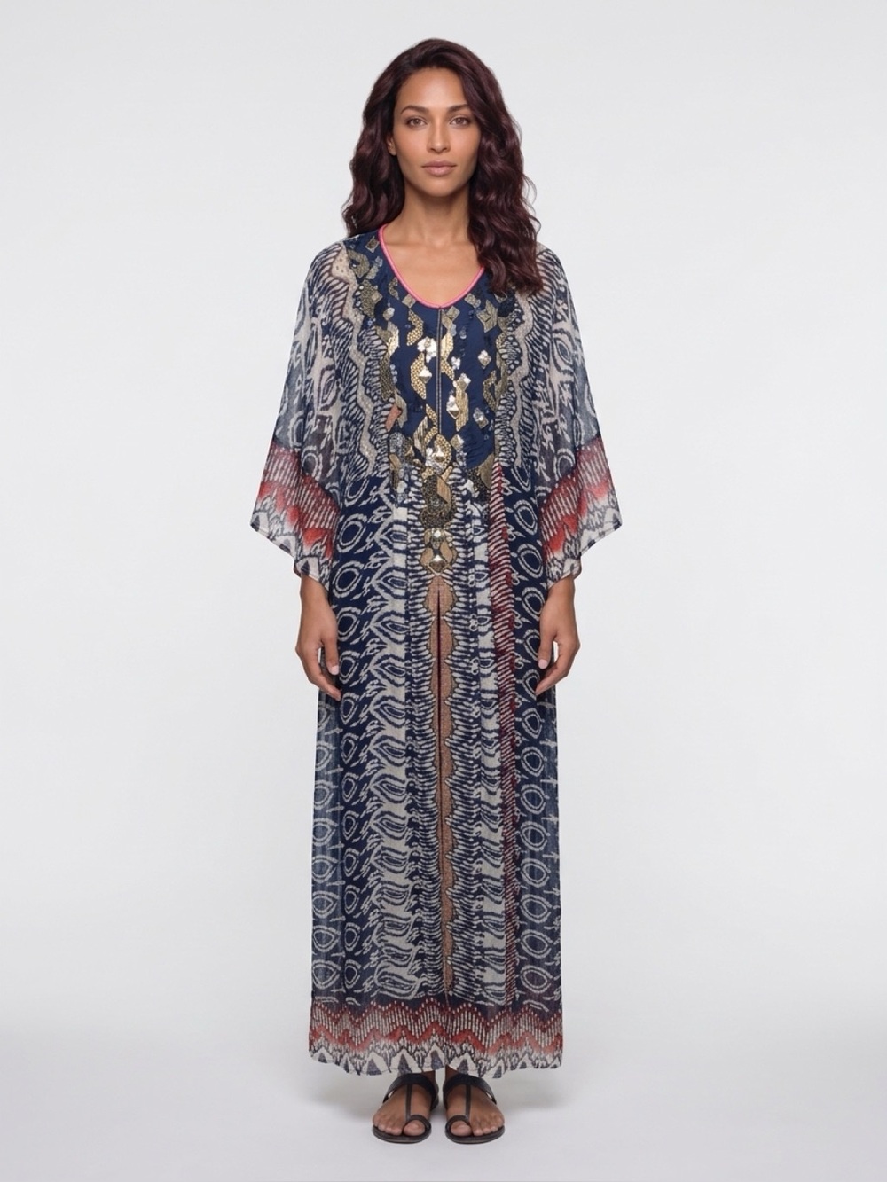 Bloomingdale’s 100% Silk Embellished Kaftan Maxi Gown with Belt - Size S
